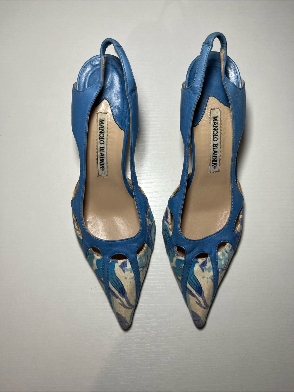 Manolo Blahnik Blue and Cream Cutout Slingback Pumps